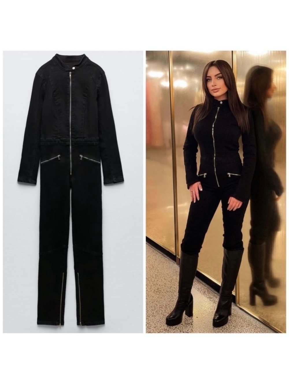 NWT Zara Long Sleeve Black Zip Up Denim Jumpsuit size M